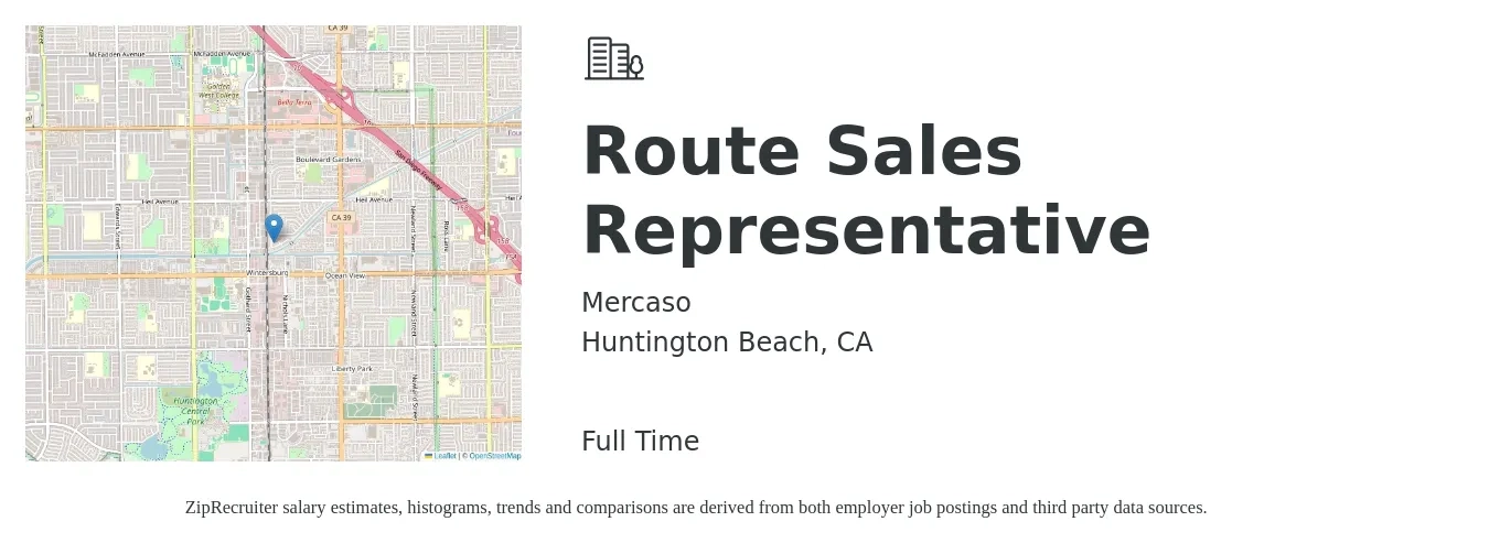 Mercaso job posting for a Route Sales Representative in Huntington Beach, CA with a salary of $55,000 to $85,000 Yearly with a map of Huntington Beach location.