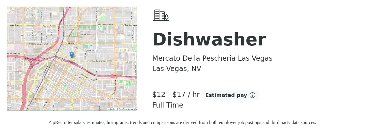 Mercato Della Pescheria Las Vegas job posting for a Dishwasher in Las Vegas, NV with a salary of $13 to $18 Hourly with a map of Las Vegas location.