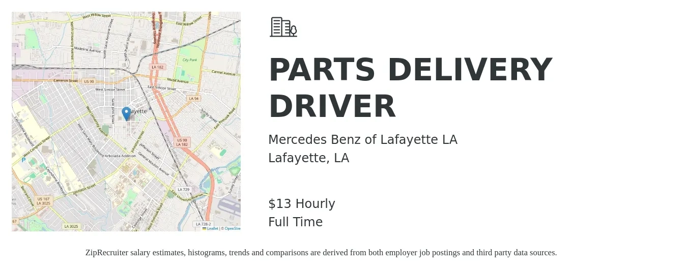 Mercedes Benz of Lafayette LA job posting for a PARTS DELIVERY DRIVER in Lafayette, LA with a salary of $14 Hourly with a map of Lafayette location.