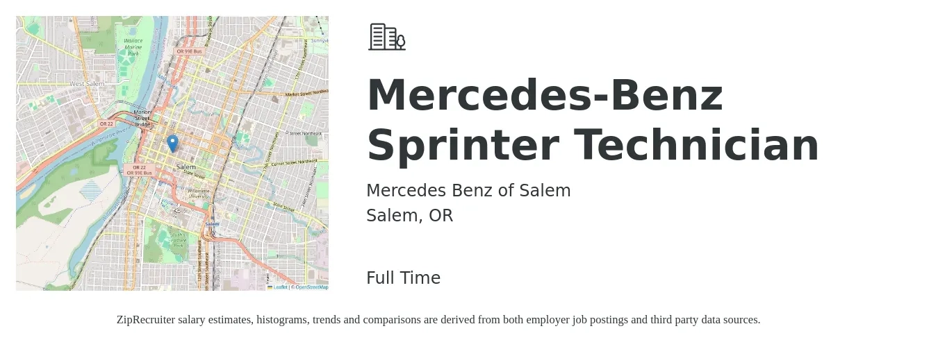 Mercedes Benz of Salem job posting for a Mercedes-Benz Sprinter Technician in Salem, OR with a salary of $22 to $35 Hourly with a map of Salem location.