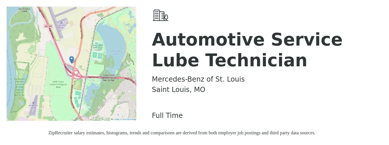 Mercedes-Benz of St. Louis job posting for a Automotive Service Lube Technician in Saint Louis, MO with a salary of $14 to $19 Hourly with a map of Saint Louis location.