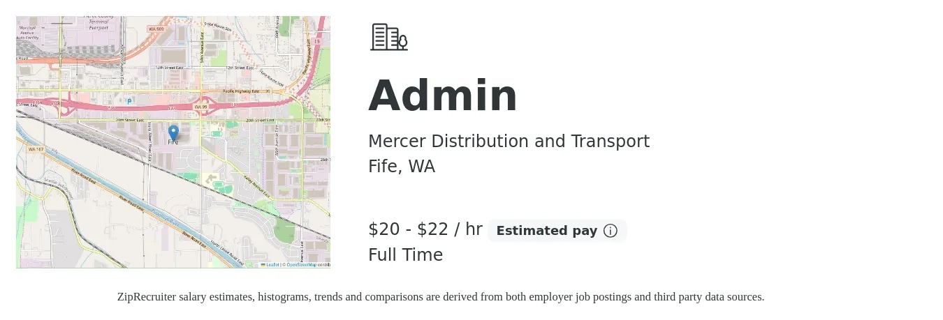Mercer Distribution and Transport job posting for a Admin in Fife, WA with a salary of $21 to $23 Hourly with a map of Fife location.