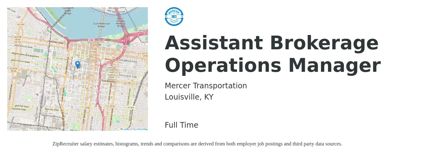 Mercer Transportation job posting for a Assistant Brokerage Operations Manager in Louisville, KY with a salary of $38,900 to $64,400 Yearly with a map of Louisville location.