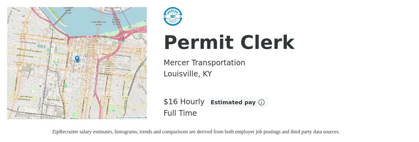 Mercer Transportation job posting for a Permit Clerk in Louisville, KY with a salary of $17 Hourly with a map of Louisville location.