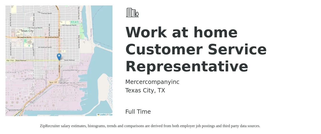 Mercercompanyinc job posting for a Work at home Customer Service Representative in Texas City, TX with a salary of $14 to $18 Hourly with a map of Texas City location.