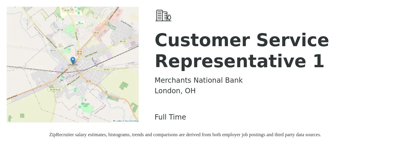 Merchants National Bank job posting for a Customer Service Representative 1 in London, OH with a salary of $15 to $20 Hourly with a map of London location.