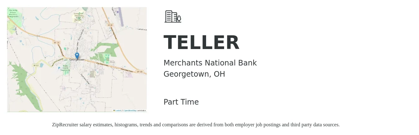 Merchants National Bank job posting for a TELLER in Georgetown, OH with a salary of $15 to $19 Hourly with a map of Georgetown location.