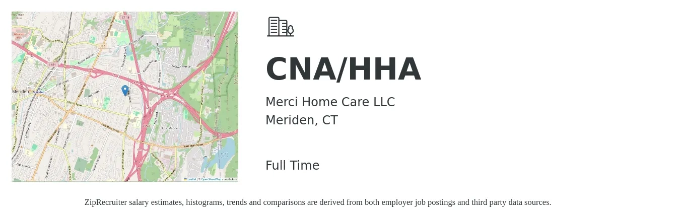 Merci Home Care LLC job posting for a CNA/HHA in Meriden, CT with a salary of $14 to $19 Hourly with a map of Meriden location.