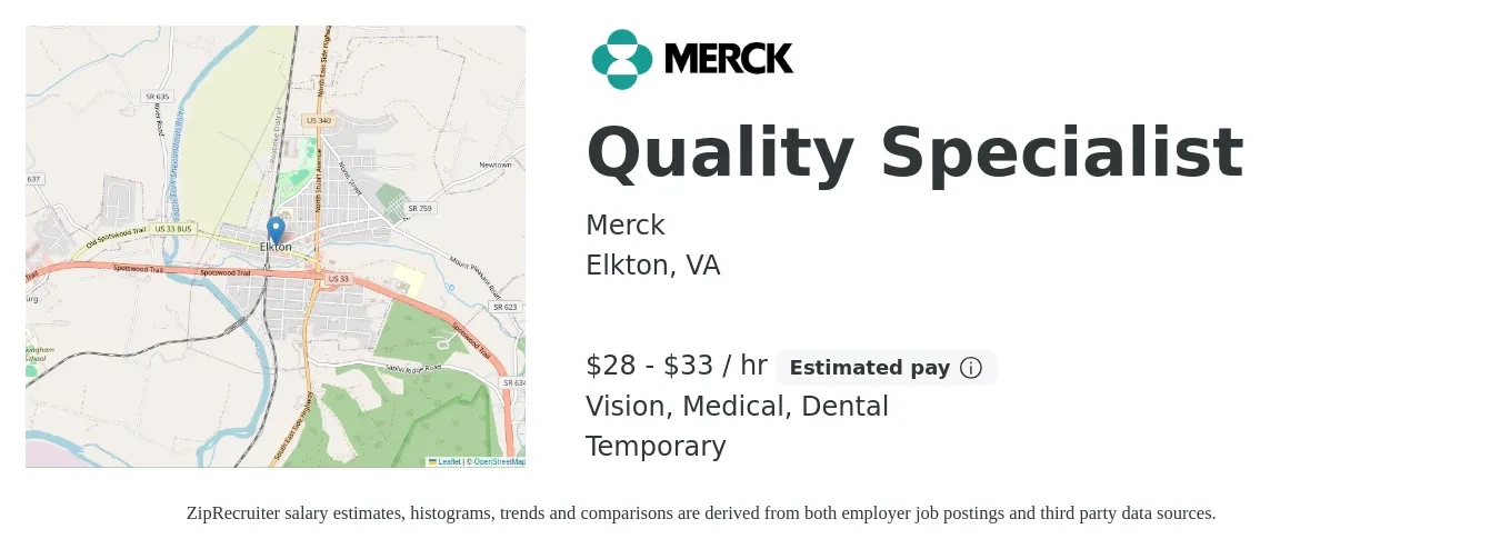 Merck job posting for a Quality Specialist in Elkton, VA with a salary of $30 to $35 Hourly and benefits including dental, life_insurance, medical, retirement, and vision with a map of Elkton location.