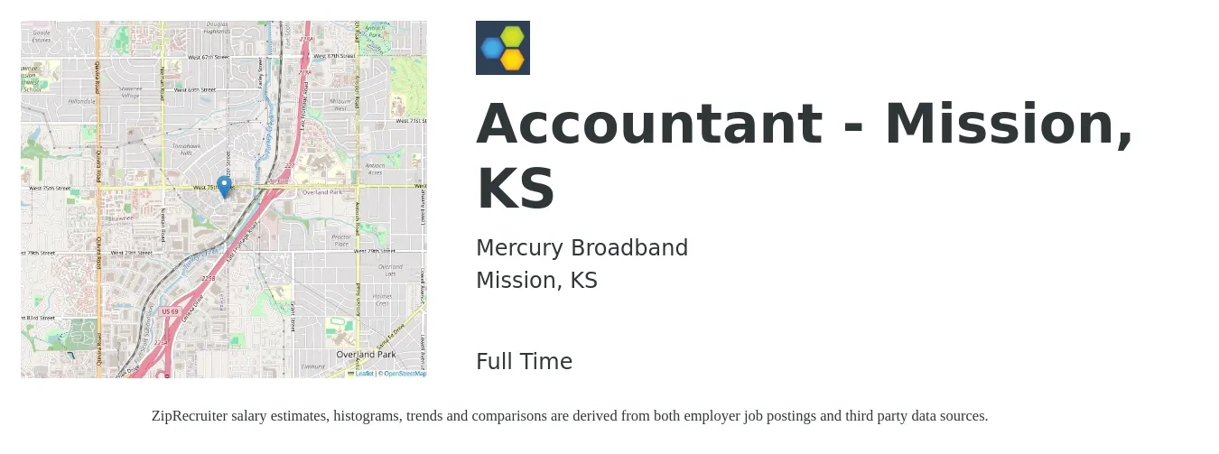 Mercury Broadband job posting for a Accountant - Mission, KS in Mission, KS with a salary of $49,900 to $73,300 Yearly and benefits including retirement, vision, dental, life_insurance, and medical with a map of Mission location.
