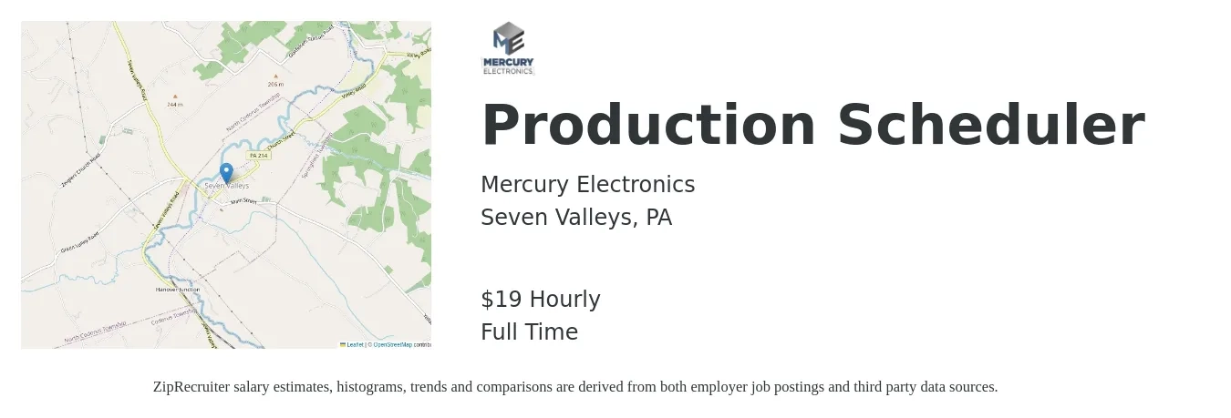 Mercury Electronics job posting for a Production Scheduler in Seven Valleys, PA with a salary of $20 Hourly with a map of Seven Valleys location.