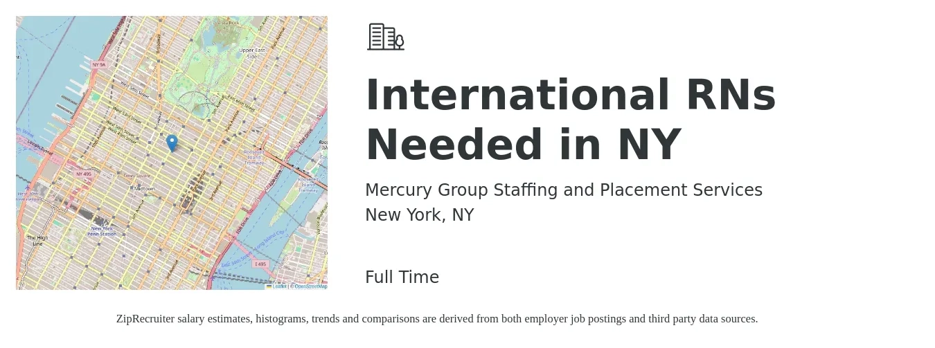 Mercury Group Staffing and Placement Services job posting for a International RNs Needed in NY in New York, NY with a salary of $38 to $59 Hourly with a map of New York location.