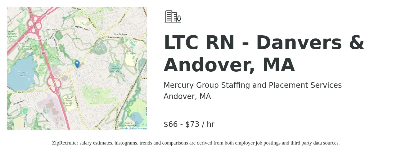 Mercury Group Staffing and Placement Services job posting for a LTC RN - Danvers & Andover, MA in Andover, MA with a salary of $69 to $76 Hourly with a map of Andover location.