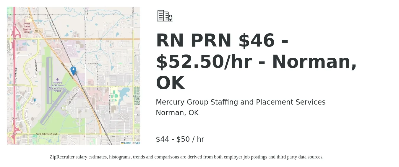 Mercury Group Staffing and Placement Services job posting for a RN PRN $46 - $52.50/hr - Norman, OK in Norman, OK with a salary of $46 to $52 Hourly with a map of Norman location.