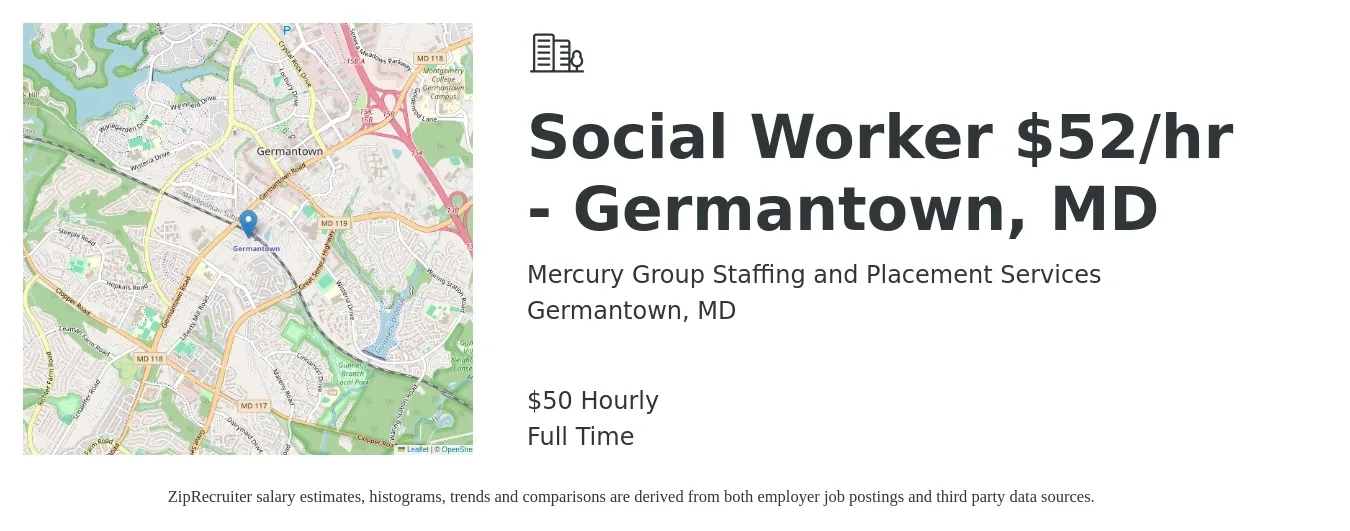 Mercury Group Staffing and Placement Services job posting for a Social Worker $52/hr - Germantown, MD in Germantown, MD with a salary of $52 Hourly with a map of Germantown location.
