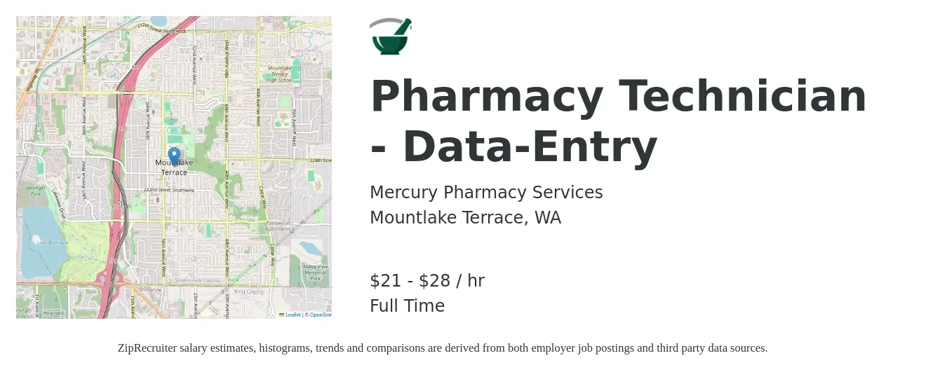 Mercury Pharmacy Services job posting for a Pharmacy Technician - Data-Entry in Mountlake Terrace, WA with a salary of $22 to $30 Hourly with a map of Mountlake Terrace location.