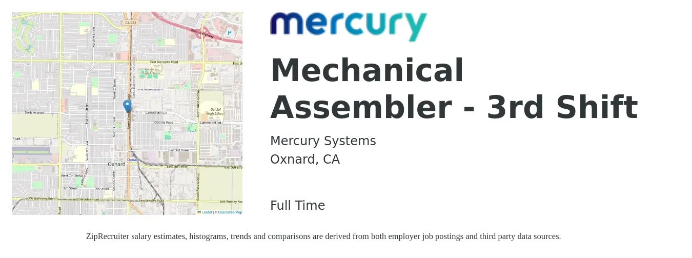 Mercury Systems job posting for a Mechanical Assembler - 3rd Shift in Oxnard, CA with a salary of $18 to $23 Hourly with a map of Oxnard location.