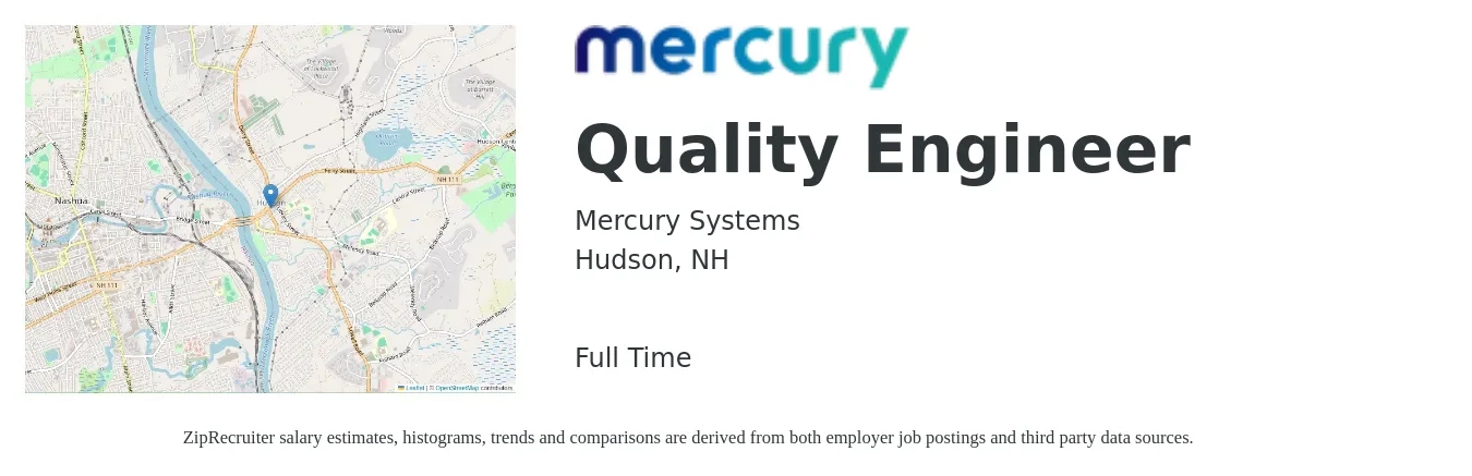 Mercury Systems job posting for a Quality Engineer in Hudson, NH with a salary of $65 to $67 Hourly with a map of Hudson location.