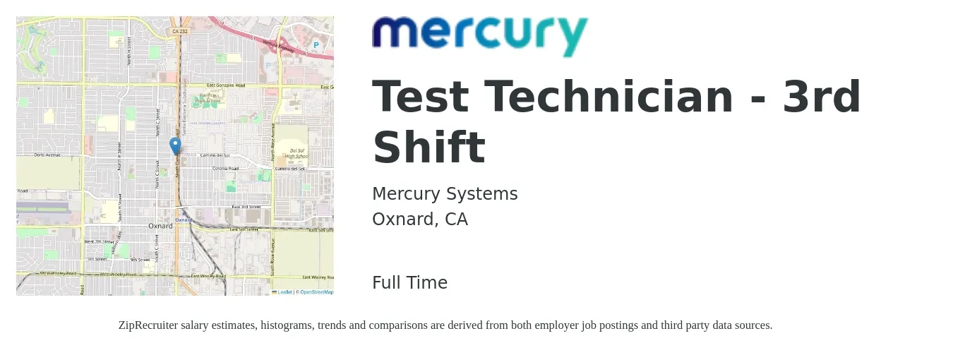 Mercury Systems job posting for a Test Technician - 3rd Shift in Oxnard, CA with a salary of $20 to $32 Hourly with a map of Oxnard location.
