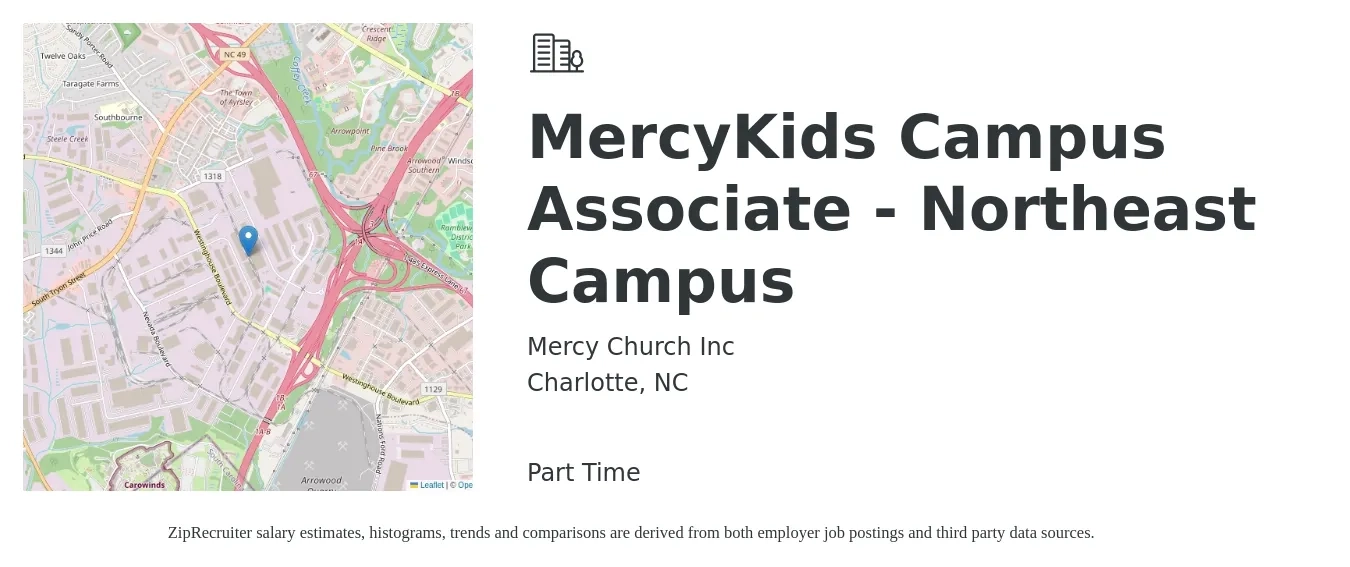 Mercy Church Inc job posting for a MercyKids Campus Associate - Northeast Campus in Charlotte, NC with a salary of $13 to $17 Hourly with a map of Charlotte location.