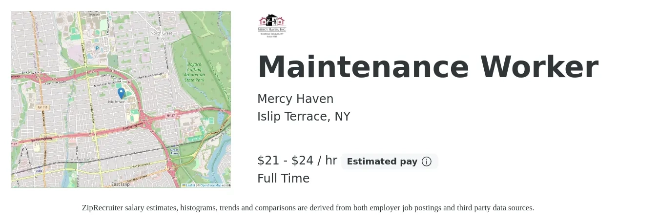 Mercy Haven job posting for a Maintenance Worker in Islip Terrace, NY with a salary of $22 to $25 Hourly with a map of Islip Terrace location.
