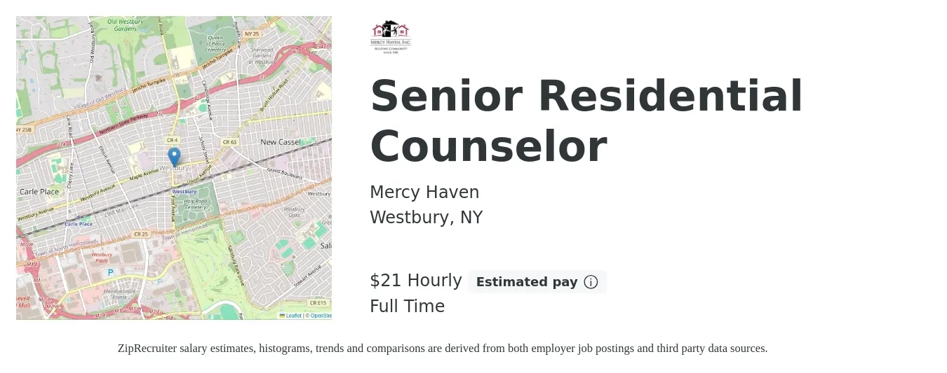 Mercy Haven job posting for a Senior Residential Counselor in Westbury, NY with a salary of $22 Hourly with a map of Westbury location.