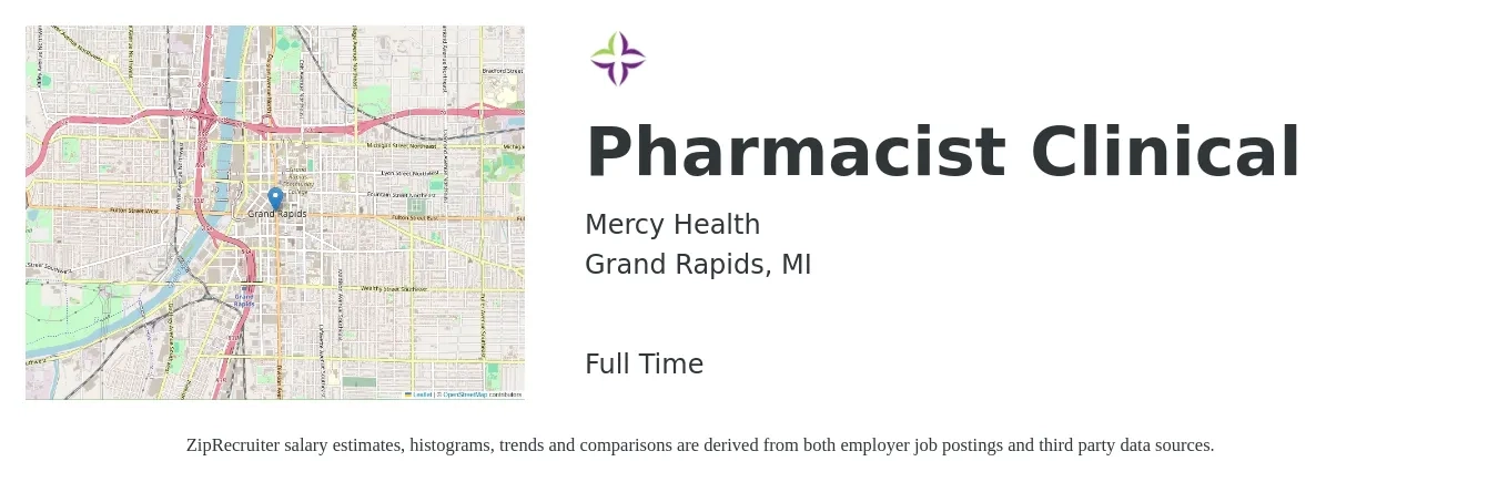 Mercy Health job posting for a Pharmacist Clinical in Grand Rapids, MI with a salary of $113,800 to $135,900 Yearly with a map of Grand Rapids location.