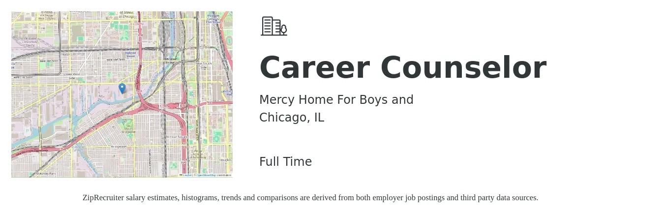 Mercy Home For Boys and job posting for a Career Counselor in Chicago, IL with a salary of $40,200 to $51,500 Yearly with a map of Chicago location.