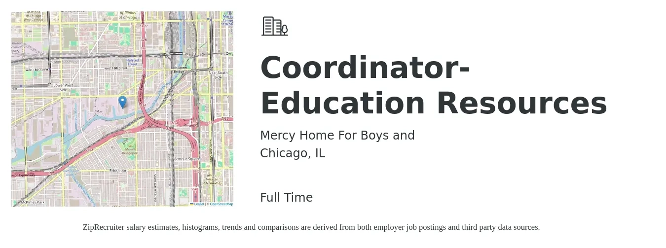 Mercy Home For Boys and job posting for a Coordinator- Education Resources in Chicago, IL with a salary of $42,200 to $64,900 Yearly with a map of Chicago location.