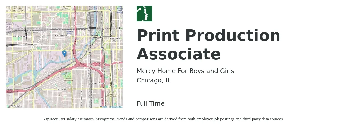 Mercy Home For Boys and Girls job posting for a Print Production Associate in Chicago, IL with a salary of $17 to $20 Hourly with a map of Chicago location.