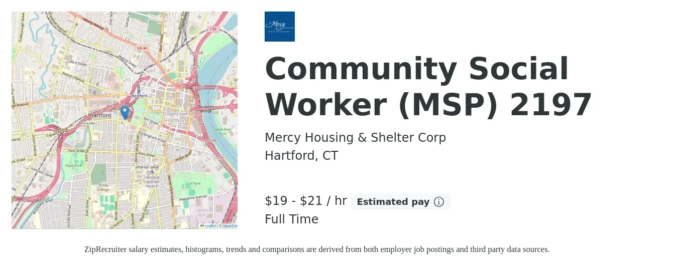 Mercy Housing & Shelter Corp job posting for a Community Social Worker (MSP) 2197 in Hartford, CT with a salary of $20 to $22 Hourly with a map of Hartford location.