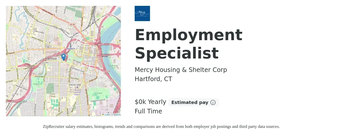 Mercy Housing & Shelter Corp job posting for a Employment Specialist in Hartford, CT with a salary of $21 to $24 Yearly with a map of Hartford location.