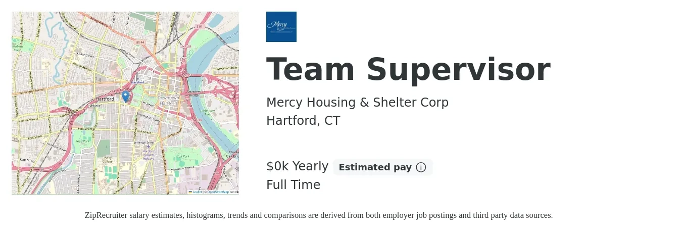 Mercy Housing & Shelter Corp job posting for a Team Supervisor in Hartford, CT with a salary of $23 to $25 Yearly with a map of Hartford location.