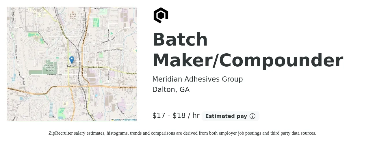 Meridian Adhesives Group job posting for a Batch Maker/Compounder in Dalton, GA with a salary of $18 to $20 Hourly with a map of Dalton location.