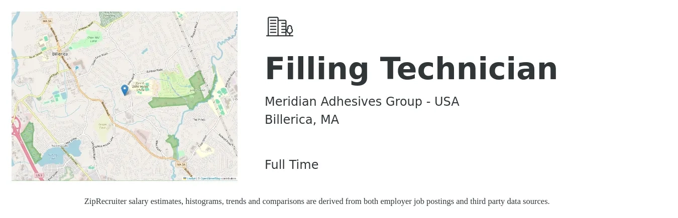Meridian Adhesives Group - USA job posting for a Filling Technician in Billerica, MA with a salary of $19 to $20 Hourly with a map of Billerica location.