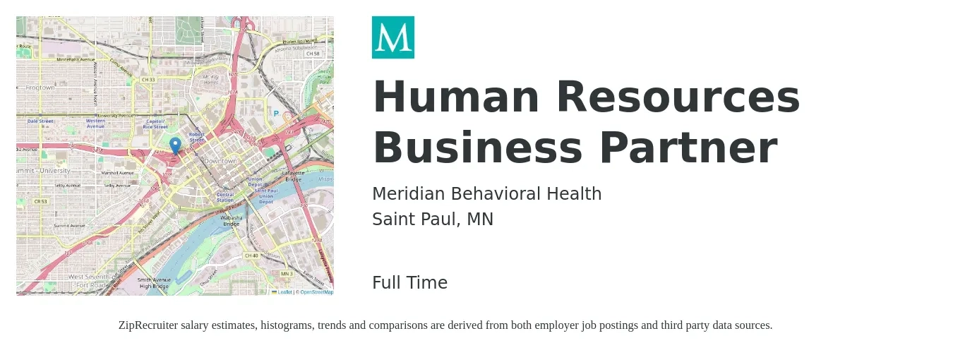Meridian Behavioral Health job posting for a Human Resources Business Partner in Saint Paul, MN with a salary of $72,800 to $103,700 Yearly with a map of Saint Paul location.