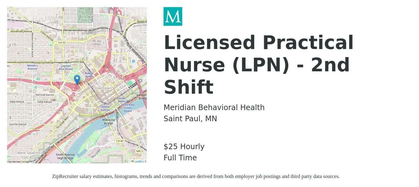 Meridian Behavioral Health job posting for a Licensed Practical Nurse (LPN) - 2nd Shift in Saint Paul, MN with a salary of $27 Hourly with a map of Saint Paul location.