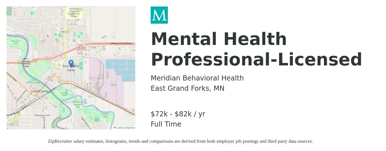 Meridian Behavioral Health job posting for a Mental Health Professional-Licensed in East Grand Forks, MN with a salary of $72,000 to $82,000 Yearly with a map of East Grand Forks location.