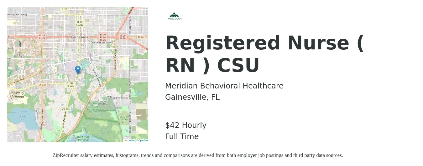 Meridian Behavioral Healthcare job posting for a Registered Nurse ( RN ) CSU in Gainesville, FL with a salary of $44 Hourly with a map of Gainesville location.
