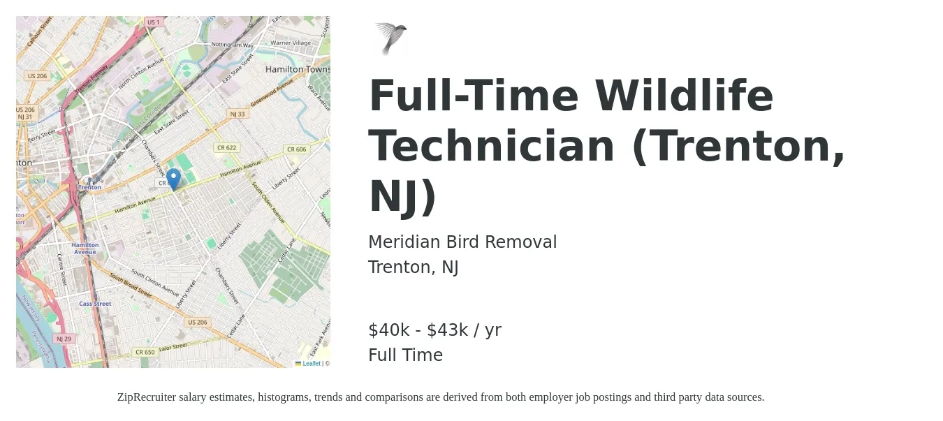 Meridian Bird Removal job posting for a Full-Time Wildlife Technician (Trenton, NJ) in Trenton, NJ with a salary of $40,000 to $43,000 Yearly with a map of Trenton location.