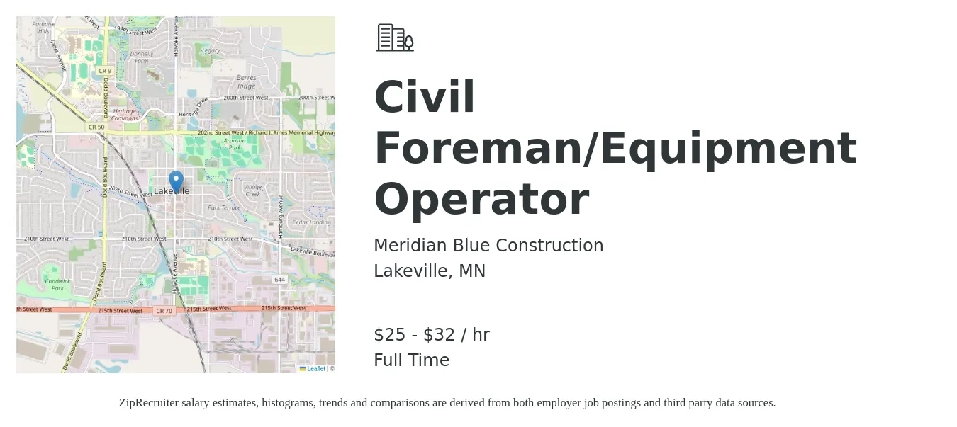 Meridian Blue Construction job posting for a Civil Foreman/Equipment Operator in Lakeville, MN with a salary of $27 to $34 Hourly with a map of Lakeville location.