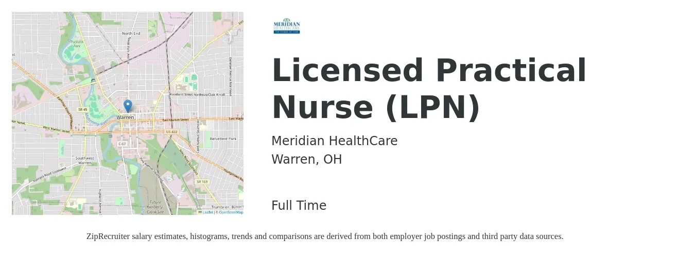 Meridian HealthCare job posting for a Licensed Practical Nurse (LPN) in Warren, OH with a salary of $22 to $30 Hourly with a map of Warren location.