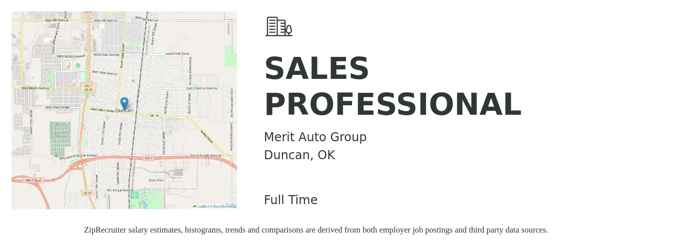 Merit Auto Group job posting for a SALES PROFESSIONAL in Duncan, OK with a salary of $51,000 to $92,800 Yearly with a map of Duncan location.
