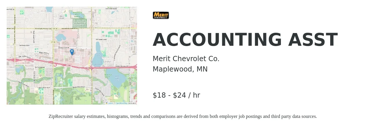 Merit Chevrolet Co. job posting for a ACCOUNTING ASST in Maplewood, MN with a salary of $19 to $25 Hourly with a map of Maplewood location.