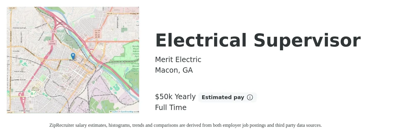 Merit Electric job posting for a Electrical Supervisor in Macon, GA with a salary of $50,000 Yearly with a map of Macon location.