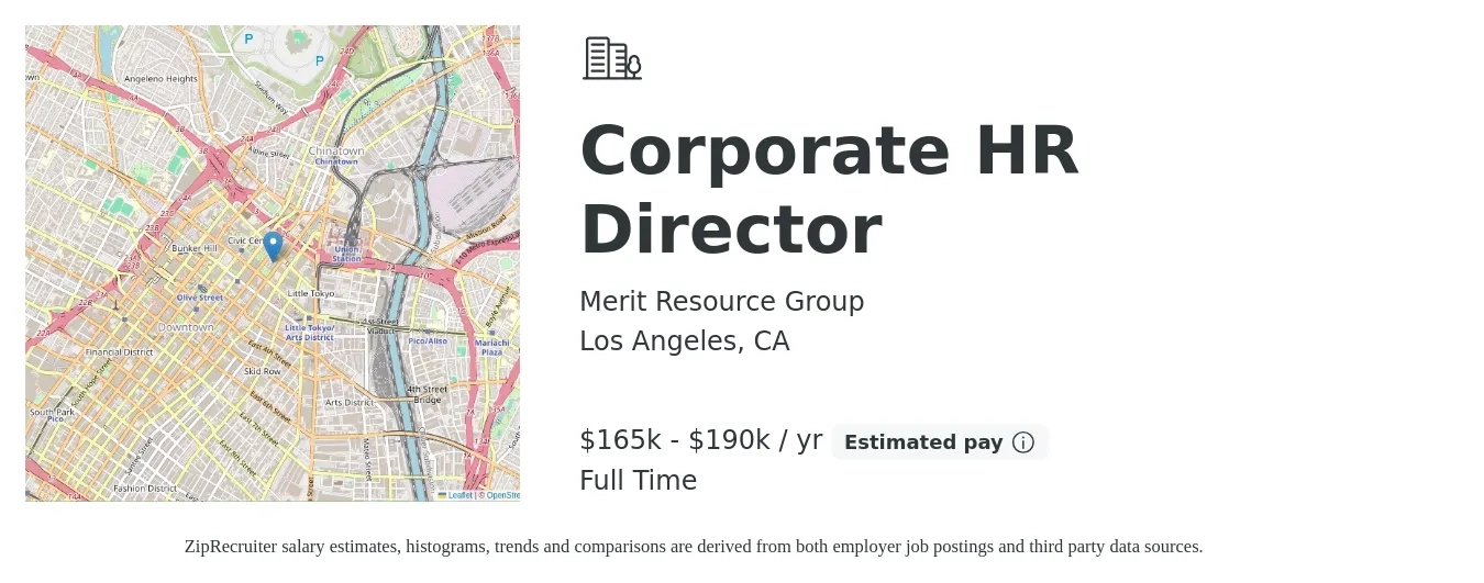 Merit Resource Group job posting for a Corporate HR Director in Los Angeles, CA with a salary of $165,000 to $190,000 Yearly with a map of Los Angeles location.