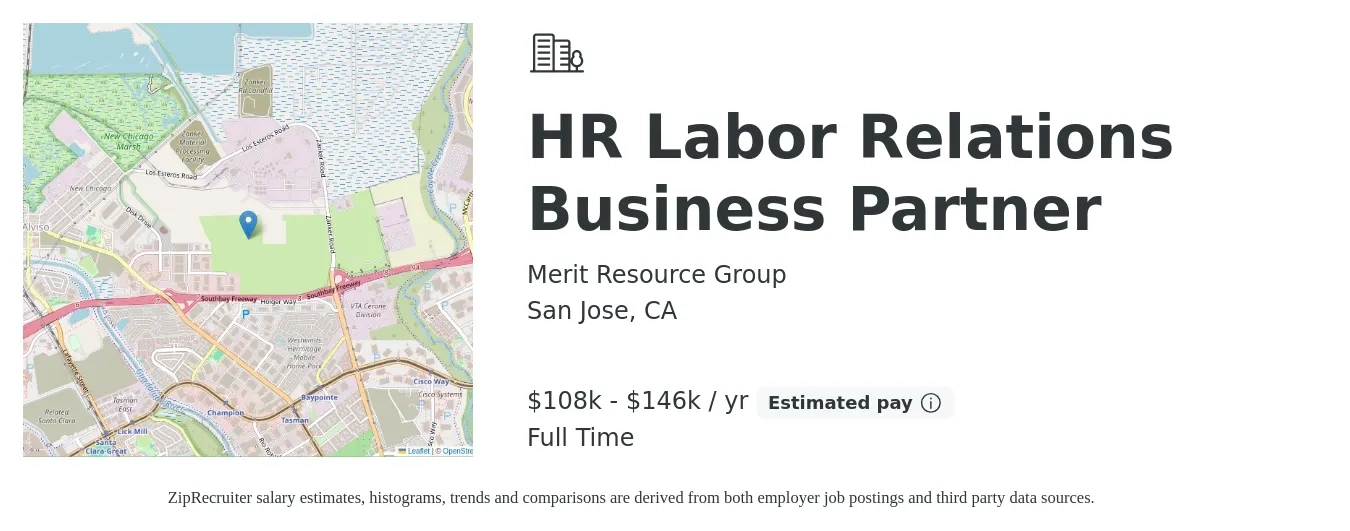 Merit Resource Group job posting for a HR Labor Relations Business Partner in San Jose, CA with a salary of $108,000 to $146,000 Yearly with a map of San Jose location.