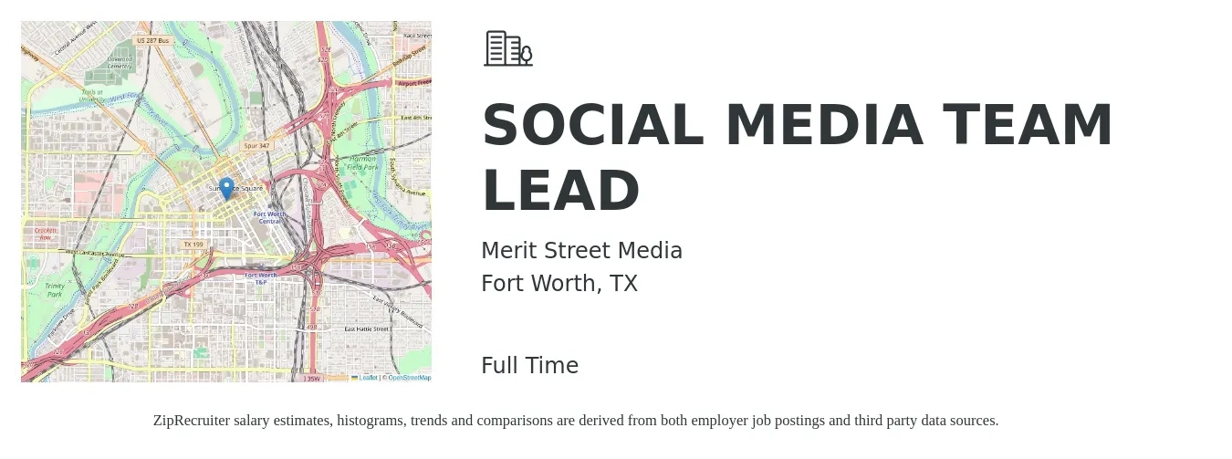 Merit Street Media job posting for a SOCIAL MEDIA TEAM LEAD in Fort Worth, TX with a salary of $42,700 to $68,800 Yearly with a map of Fort Worth location.