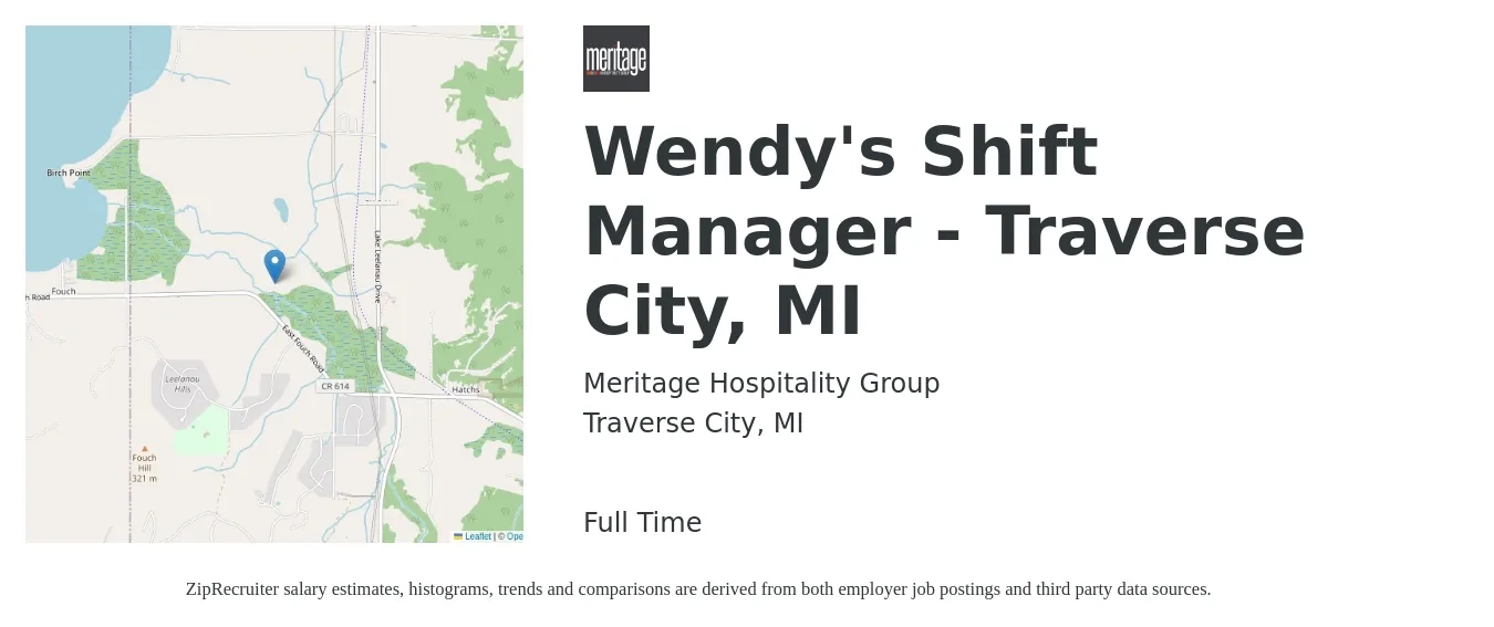 Meritage Hospitality Group job posting for a Wendy's Shift Manager - Traverse City, MI in Traverse City, MI with a salary of $15 to $19 Hourly with a map of Traverse City location.