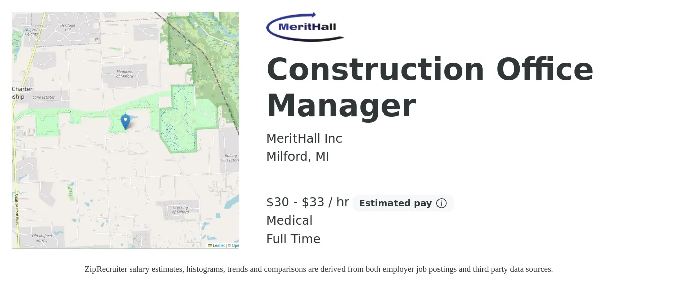 MeritHall Inc job posting for a Construction Office Manager in Milford, MI with a salary of $32 to $35 Hourly and benefits including medical with a map of Milford location.